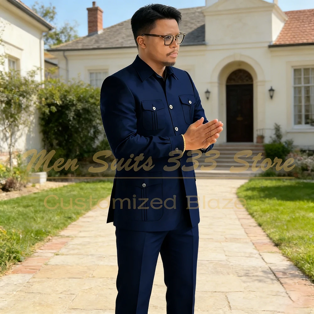 

Мужской костюм темно-синего цвета класса люкс, однобортный, с отложным воротником, стандартный крой, 2 предмета: пиджак и брюки, высококачественная верхняя одежда, костюм Homme