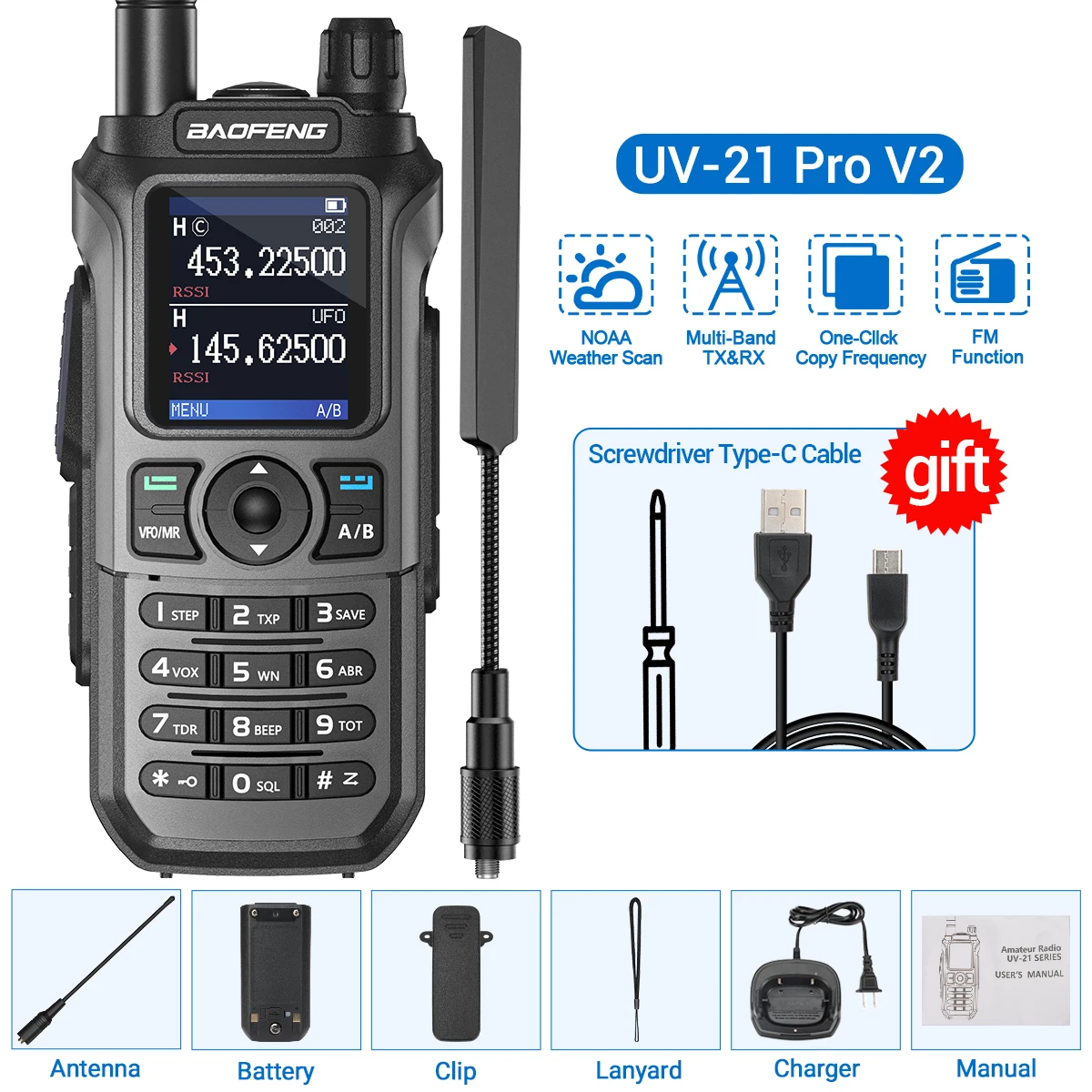 Baofeng Uv 21 Pro Draadloze Kopieer Frequentie Walkie Talkie 16 Km Am Lange Afstand Waterdichte Multi-Band Type-C Oplader Ham Radio Uv 5r