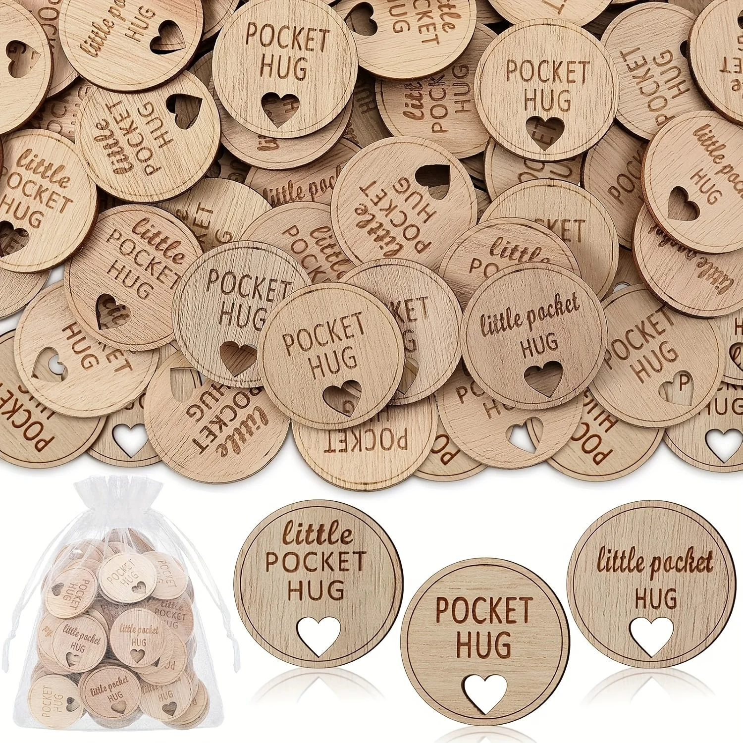 10PCS Pocket Hug Wooden Tokens with Bag Heart Shaped Memorial Tokens Show Love Support for Birthdays Celebrations Funeral Gifts