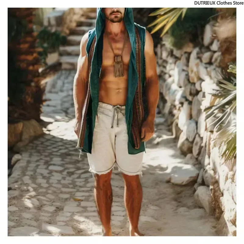 Beach Holiday Hooded Sleeveless Men\'s Cardigan Vintage Ethnic Style Hooded Male Sleeveless Shirt Cardigan Hooded Sleeveless Vest