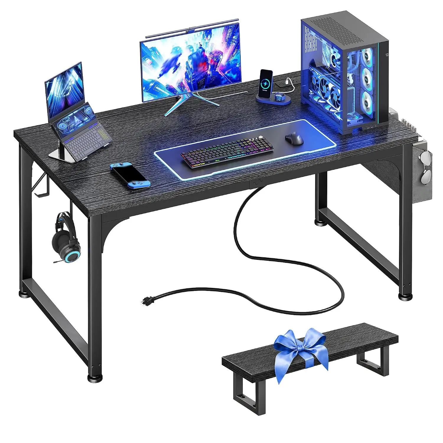 47x24 Inch Gaming Desk with RGB LED & Power Outlets, Monitor Stand, Hooks & Bag, 110LBS, Home Office, Black, Customized
