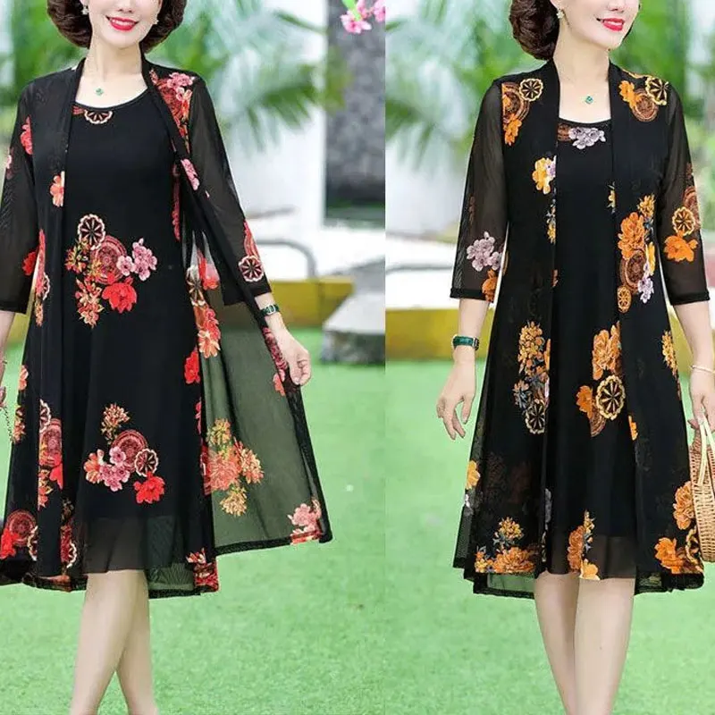 Female Clothing Vintage Floral Printed Matching Sets Two Piece Set Casual O-Neck Summer Fashion Half Sleeve A-Line Dress Sets