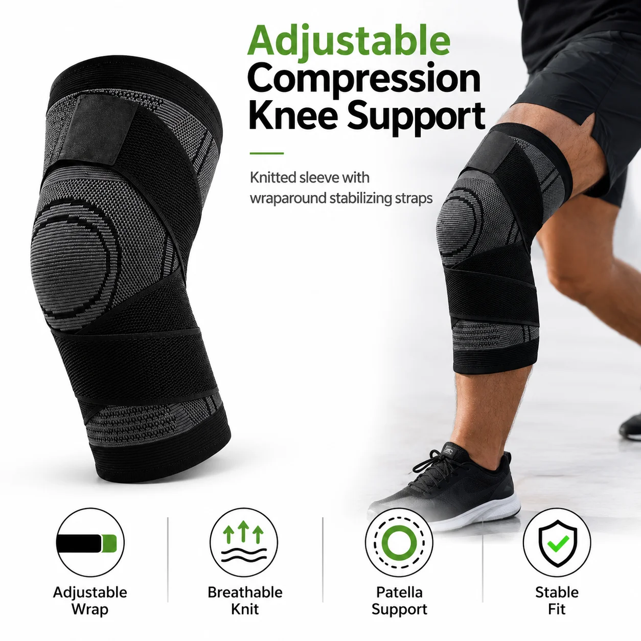 Adjustable Compression Knee Brace with Wraparound Straps, Breathable Knitted Patella Support Sleeve for Sports, Men & Women, 1PC