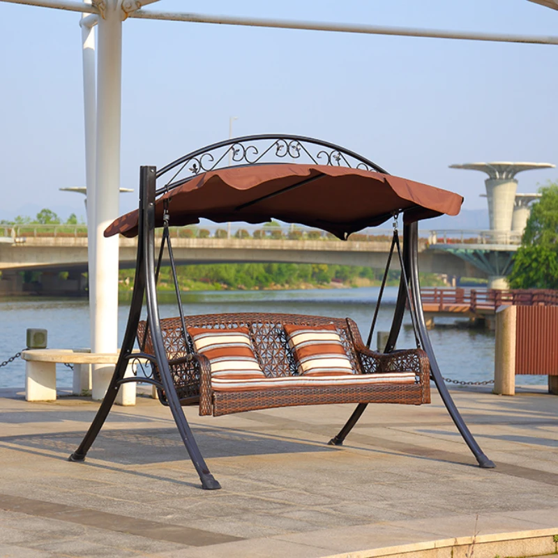 

Outdoor rocking chair, three-person hanging blue rattan chair, European courtyard garden, basket rattan chair, wrought iron