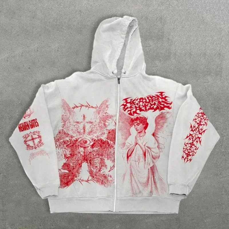 

Y2K Retro Style American Spring and Autumn New Harajuku Printed Hoodies for Men Loose Casual Gothic Couple Zipper Sweatshirts