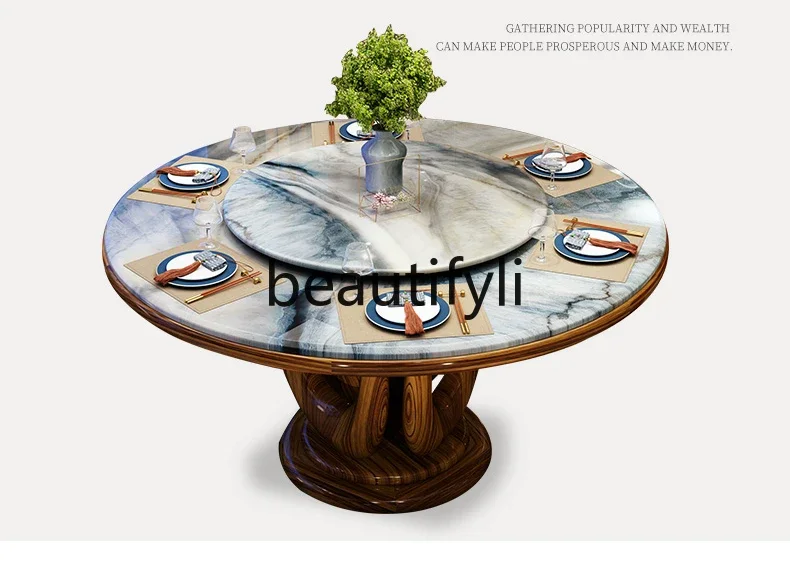 

Dining table and chair combination household Chinese living room marble round solid wood dining table with turntable