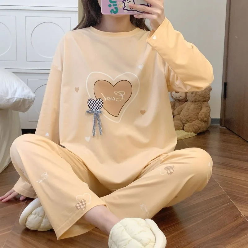 Women Pajamas Spring Pure Cotton Long-Sleeved Korean Style Round Neck Pajamas Suit Female Sweet Cute Loose Homewear Set 2024