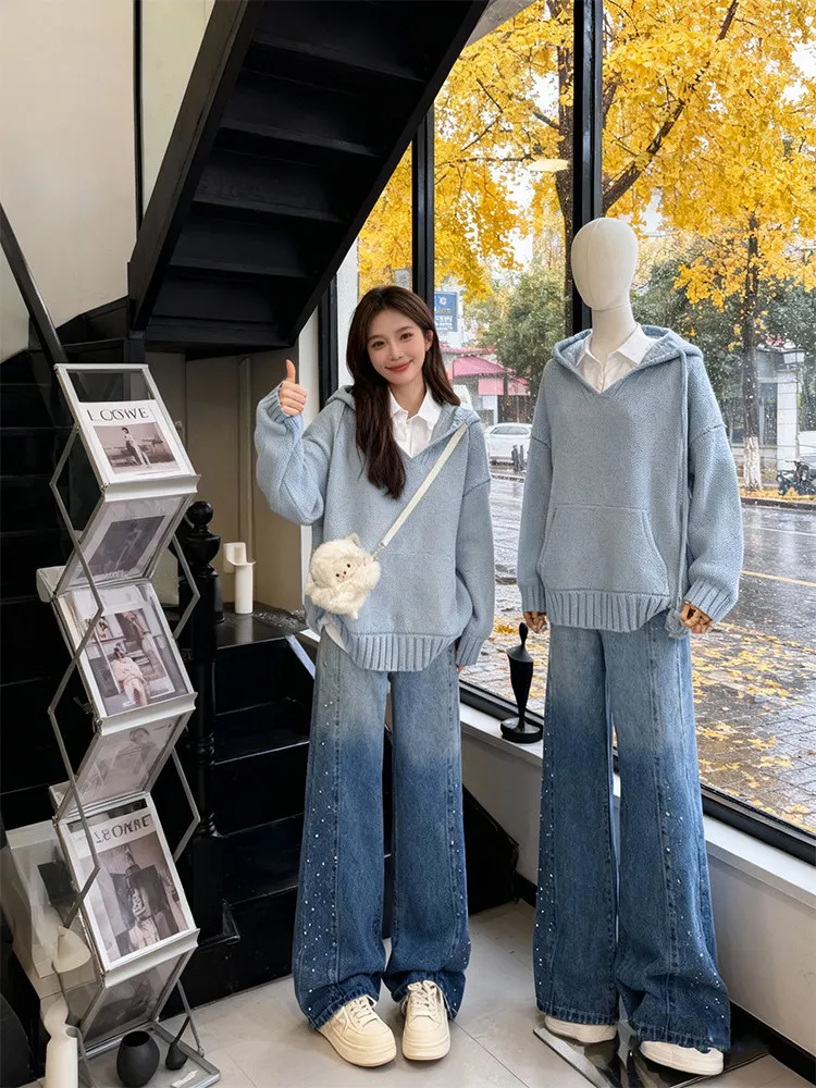 

Spring Korean Style Women's Blue Anti-Aging Gentle Wind Hoodie Shirt Gradient Shiny Jeans Three-Piece Set Casual Fashion