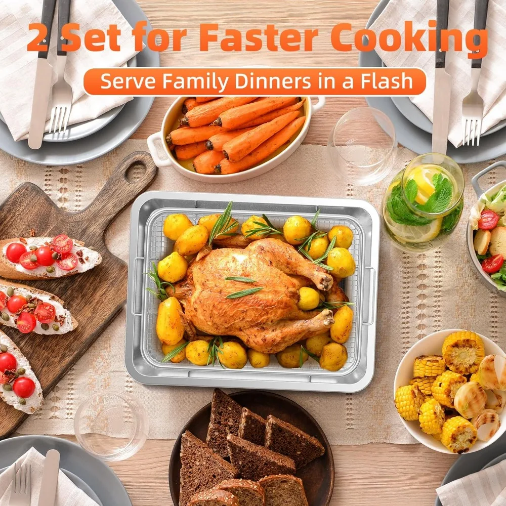 سلة مقلاة هوائية للفرن، طقمين سلة مقلاة هوائية للفرن وصينية مع 60 قطعة من أوراق البرشمان، صينية هش غير لاصقة من الفولاذ المقاوم للصدأ