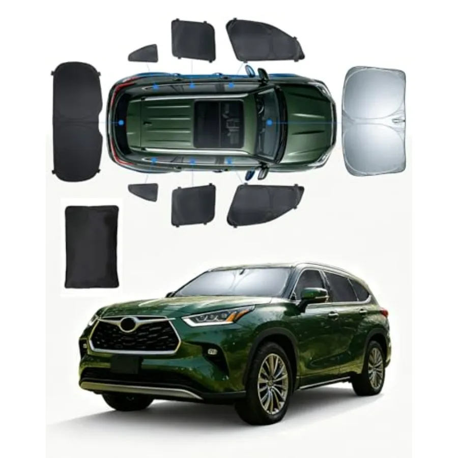 

Sun Shades for Toyota Highlander 2022-2026: Full-window, polyester, black, UV-blocking heat-reducing privacy covers with secure