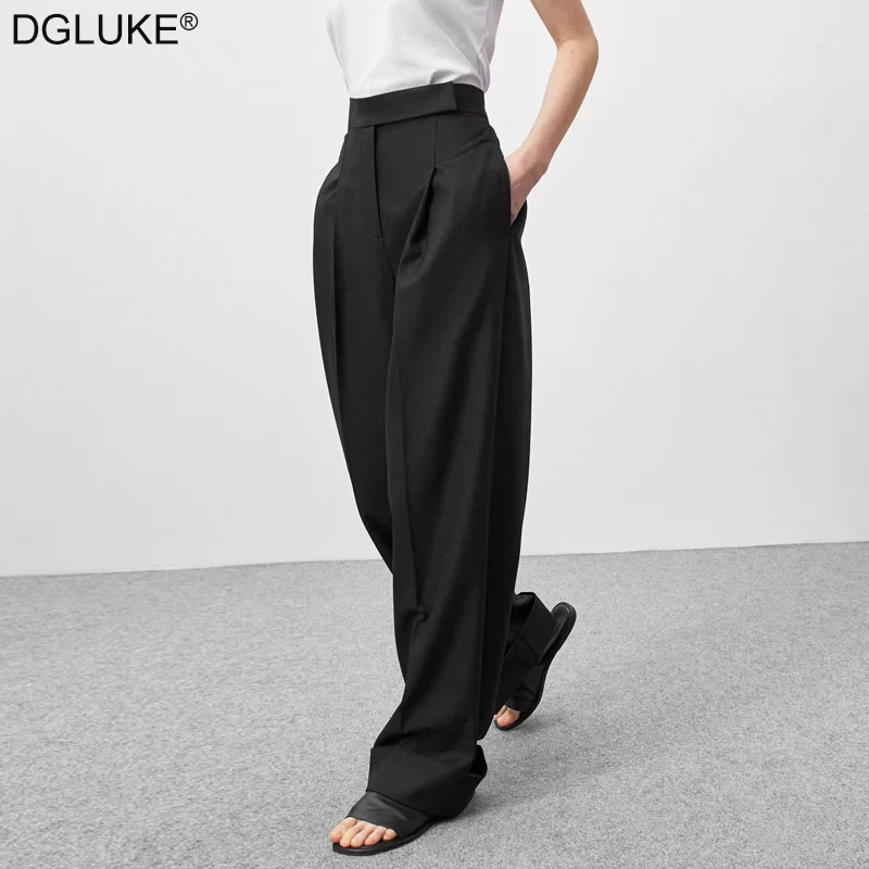 DGLUKE High Waist Black Trousers Womens Pleated Straight Pants Fashion Elegant Ladies Office Pants Women 2024