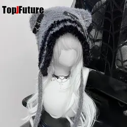 Women's Harajuku Steampunk Y2K Gothic Japanese Soft GirlBear Hat Cute Cross  zipperChain decorationStar Hairline Hat