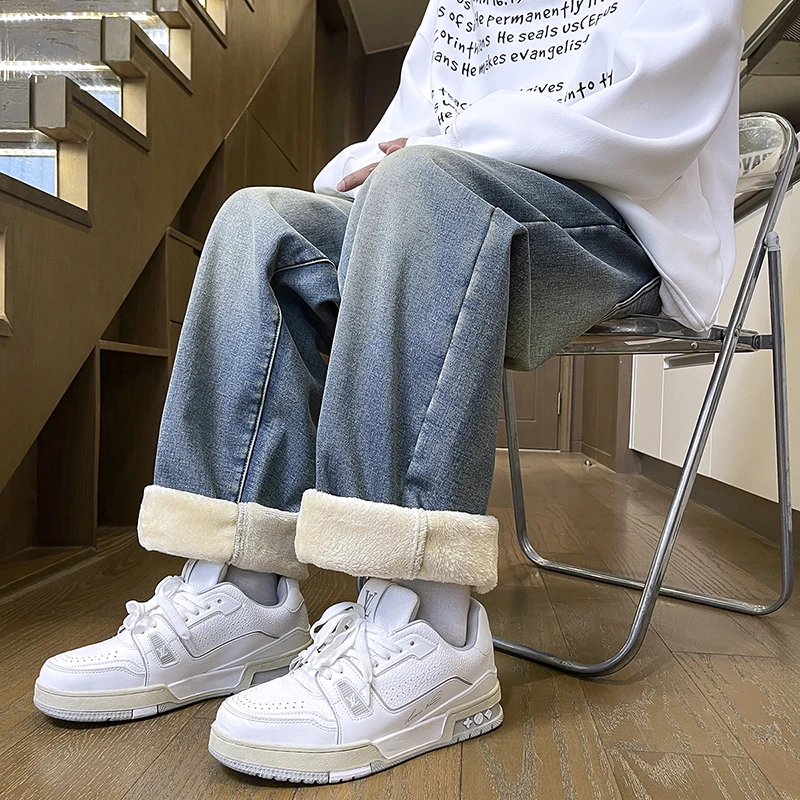 

Winter Men's Winter Velvet Denim Jeans Casual Solid Color Basic Model Loose Outdoor Pants Quality 2025