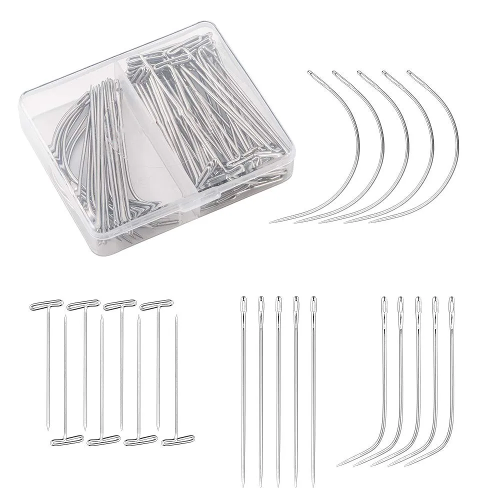 90pcs Wig Pins for Mannequin Head Straight T Wig Pins for Mannequin Head&C Curved Needles J Shaped Weaving Needles