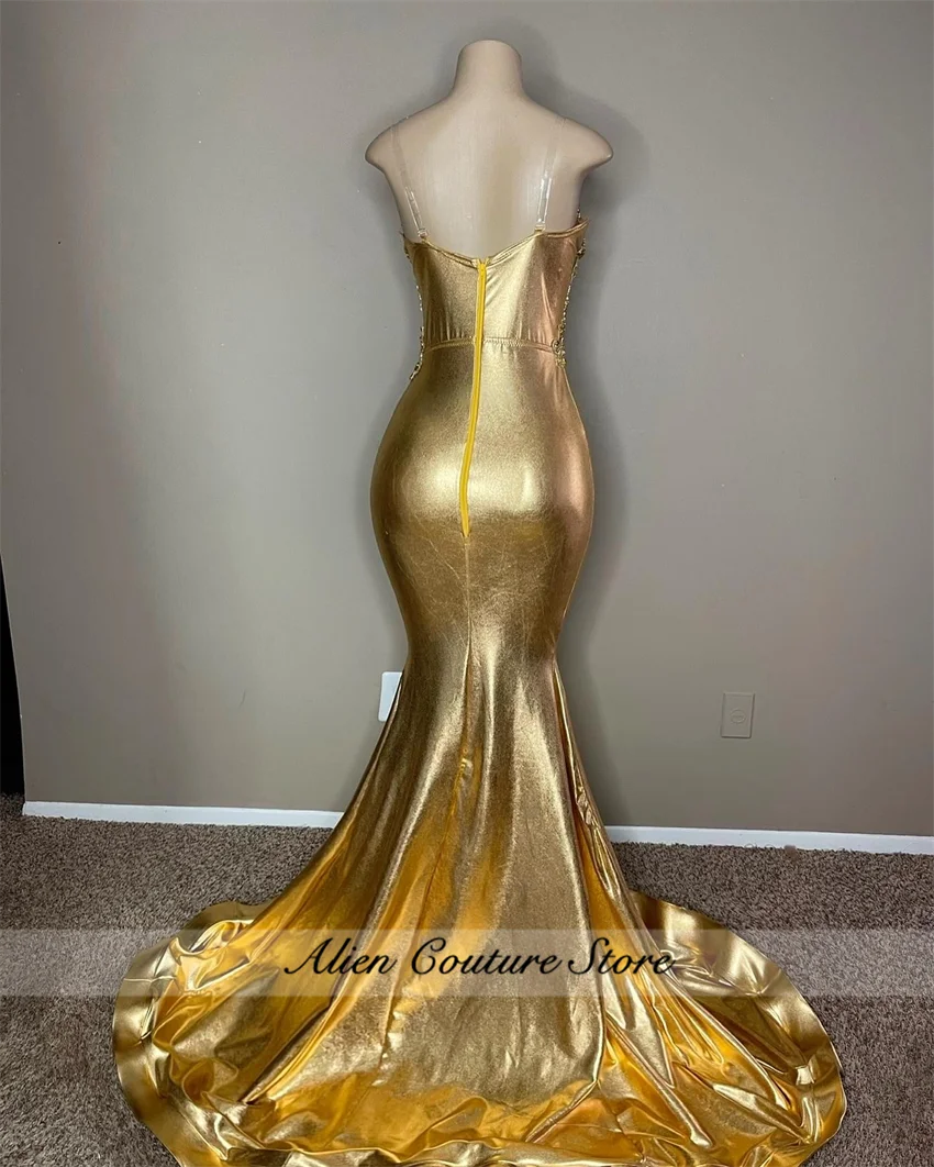 Customized Gold Diamonds Mermaid Prom Dress For Black Girls Rhinestone Beaded Formal Party Gala Evening Gown Robes De Soiree