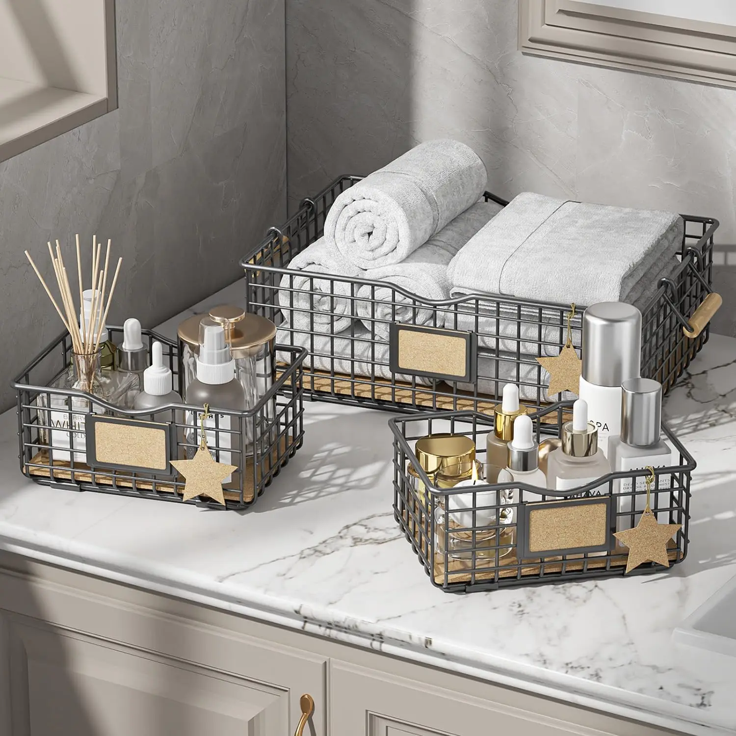 

3-Pack Wooden Handle Storage Baskets, Multipurpose Organizer for Bathroom Kitchen Living Room - Grey