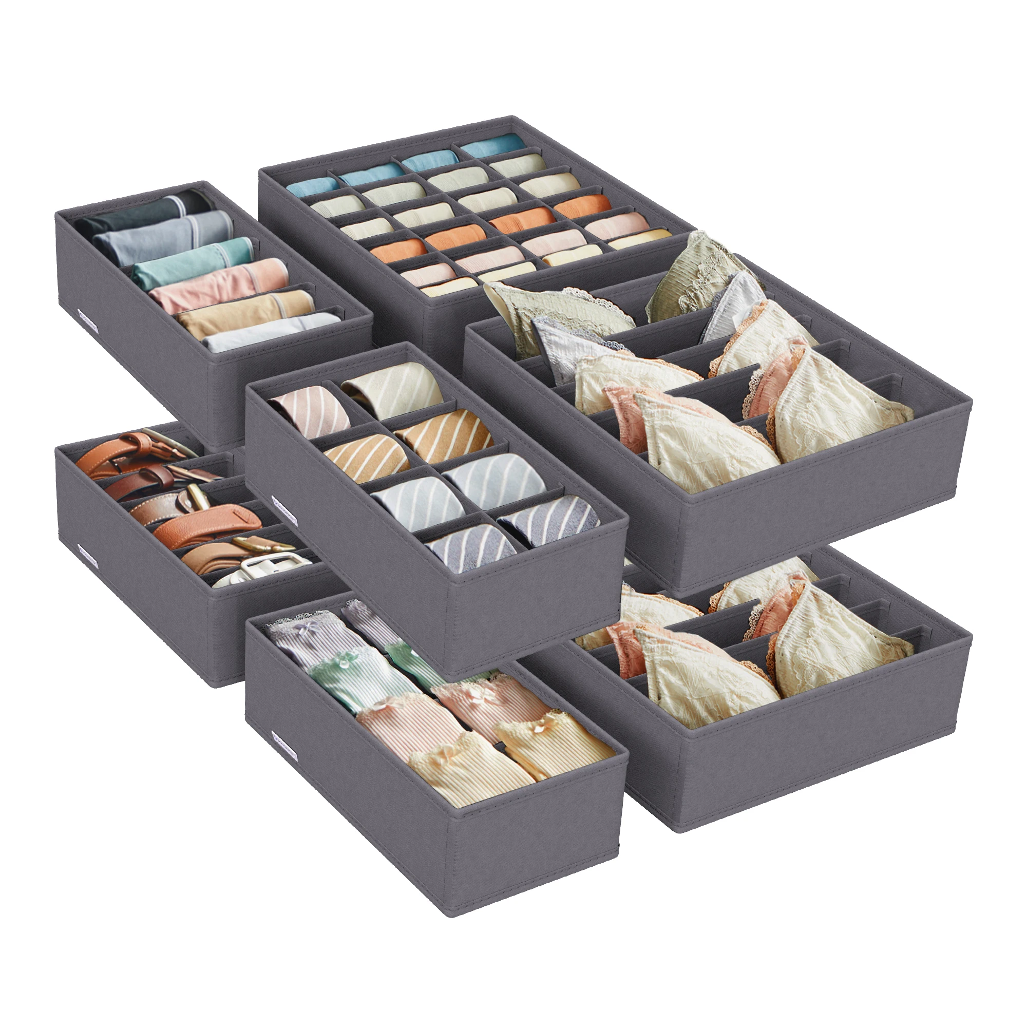 SONGMICS Juego de 8 Organizadores para Cajones de Ropa Interior, Divisores de Cajones, Plegables, para Sujetadores, Calcetines, Corbatas, Cajas de Tela para Armario, Gris