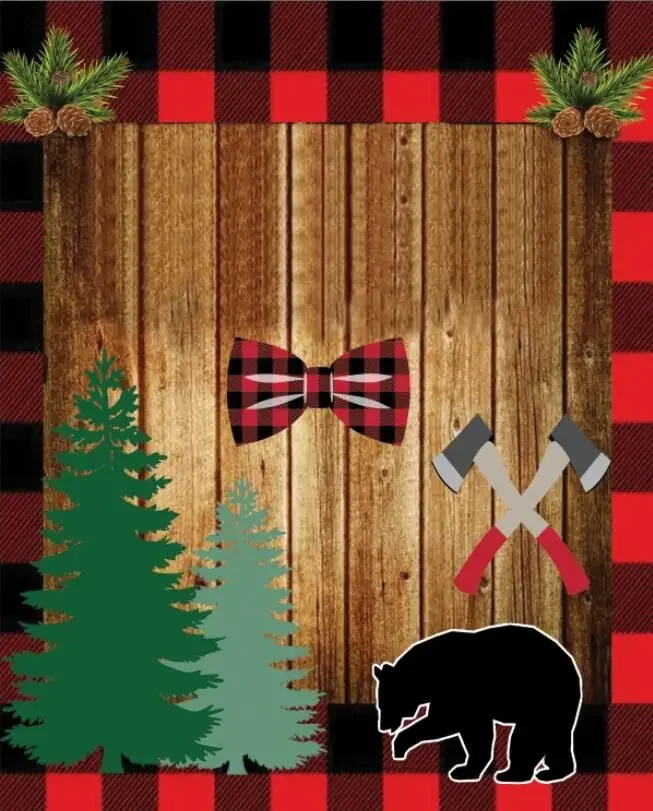 5x7FT Buffalo Plaid Wood Lumberjack Bear Adventure Happy Birthday Custom Photo Studio Background Backdrop Vinyl 150cm x 220cm