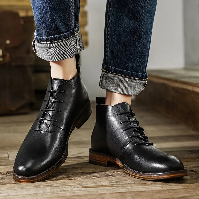 Botines de lujo para hombre de cuero genuino hechos a mano 2025, calidad de otoño, tendencia británica, punta redonda, zapatos de negocios con cordones, talla masculina 47