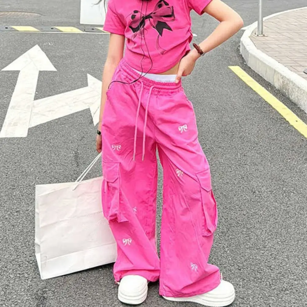 

Fashion Embroidered Baggy Cargo Pants Multi Pockets Drawstring Sweet Bow Pants High Waist Wide Leg Y2k Pants Girl Students