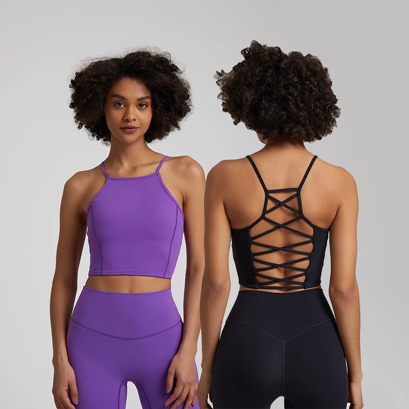 Sexy Backless Crisscross Yoga Tank Top Women High Neck Lace Up Back Sports Bras with Removable Pads Running Workout Crop Tops