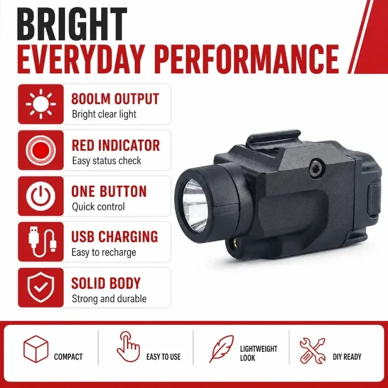20mm Rail Installed 800LM Flashlight with Red Indicator Light, Durable Metal Hobby Decoration Accessory