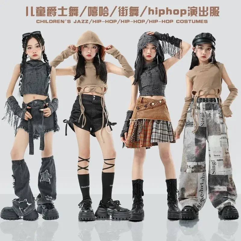 Children Jazz Stage Costume Girls Hip Hop Dance Outfit Kpop Performance Clothes Kids Street Dance Suit Top Skirt Shuffle Pants