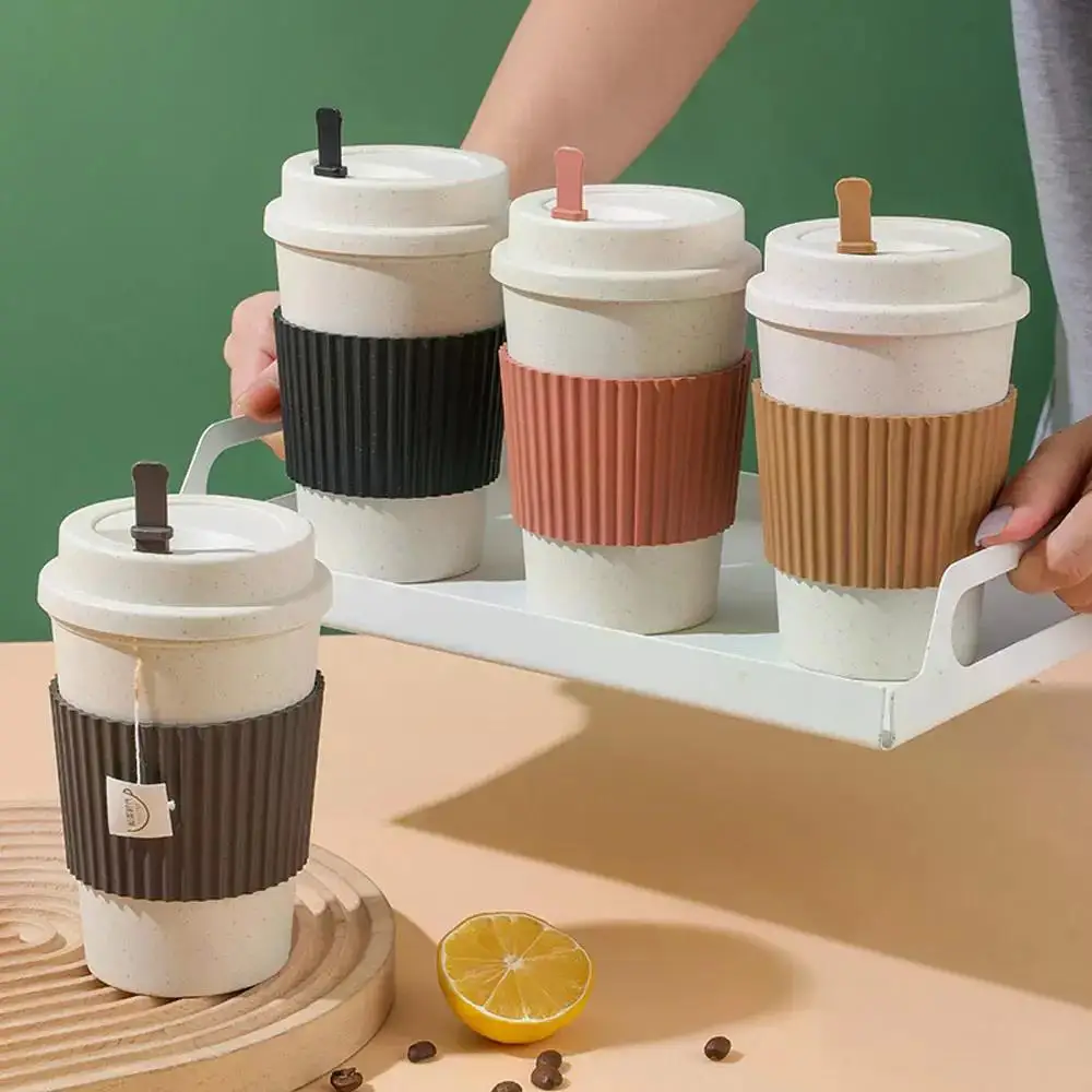 F5 Biodegradable Coffee Water Cup With Lids Wheat Straw Cup Reusable Portable Cup Dishwasher Safe Coffee Mug Espresso Travel Cup