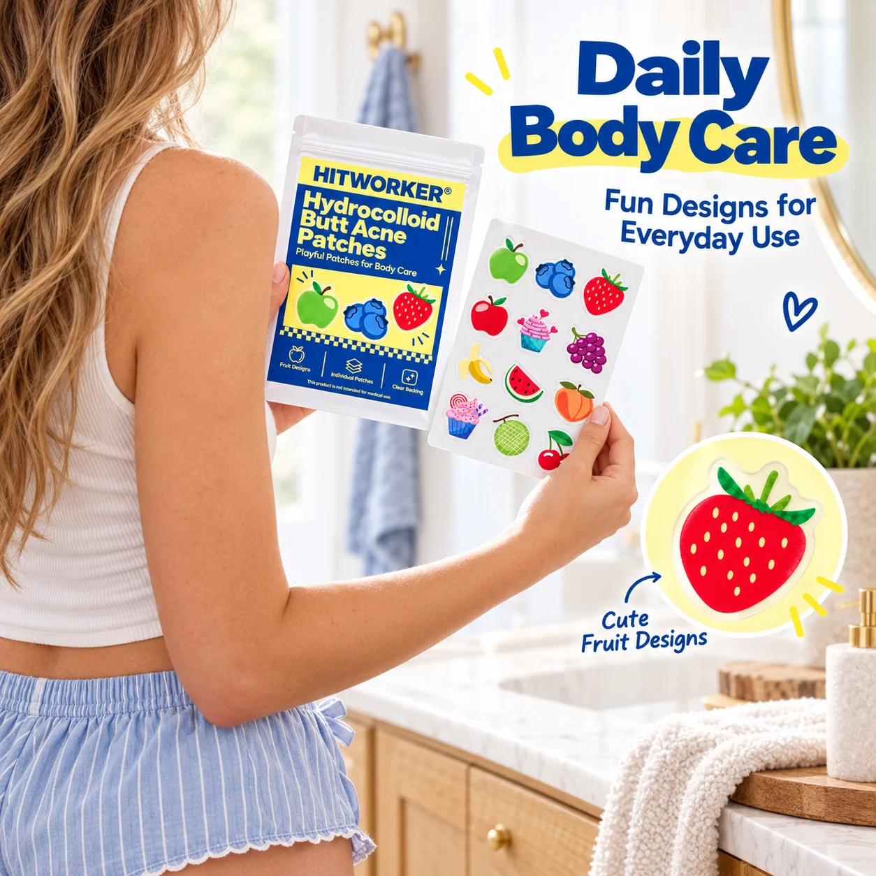 24Pcs Hydrocolloid Butt Pimple Patch Cute Fruit Shape Body Patches Transparent Backing Waterproof Skin Care Stickers