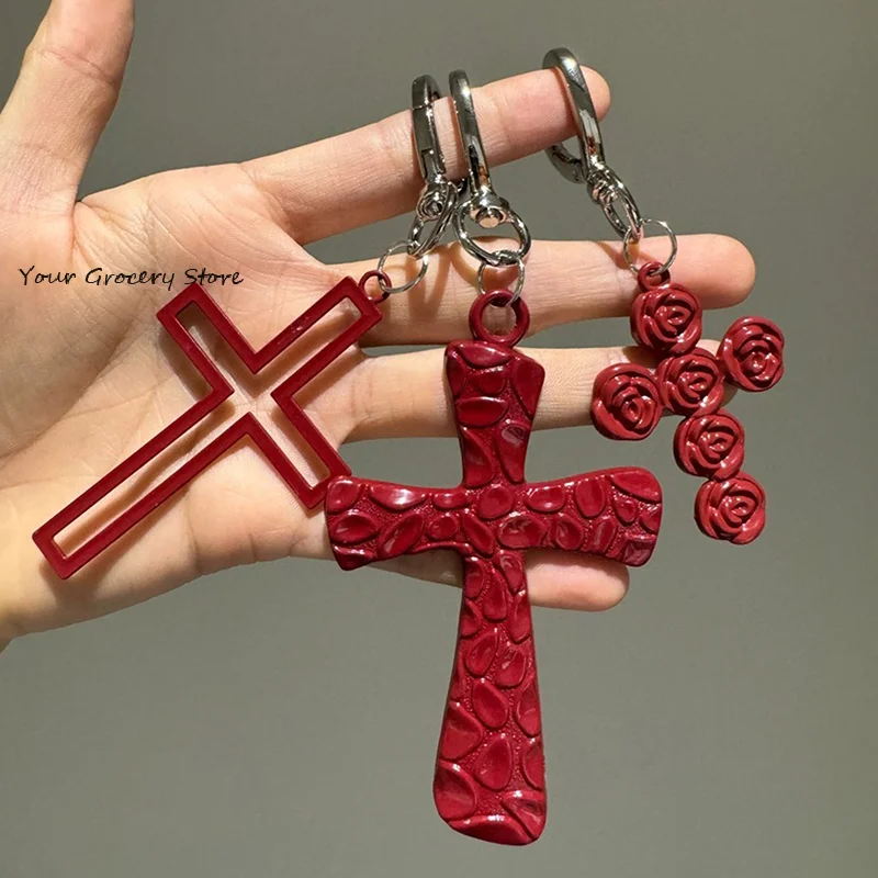 

Винтажный готический брелок с крестом для женщин и мужчин, ретро красная роза, крест, брелок с любовью, изысканное украшение для рюкзака, аксессуары, подарки