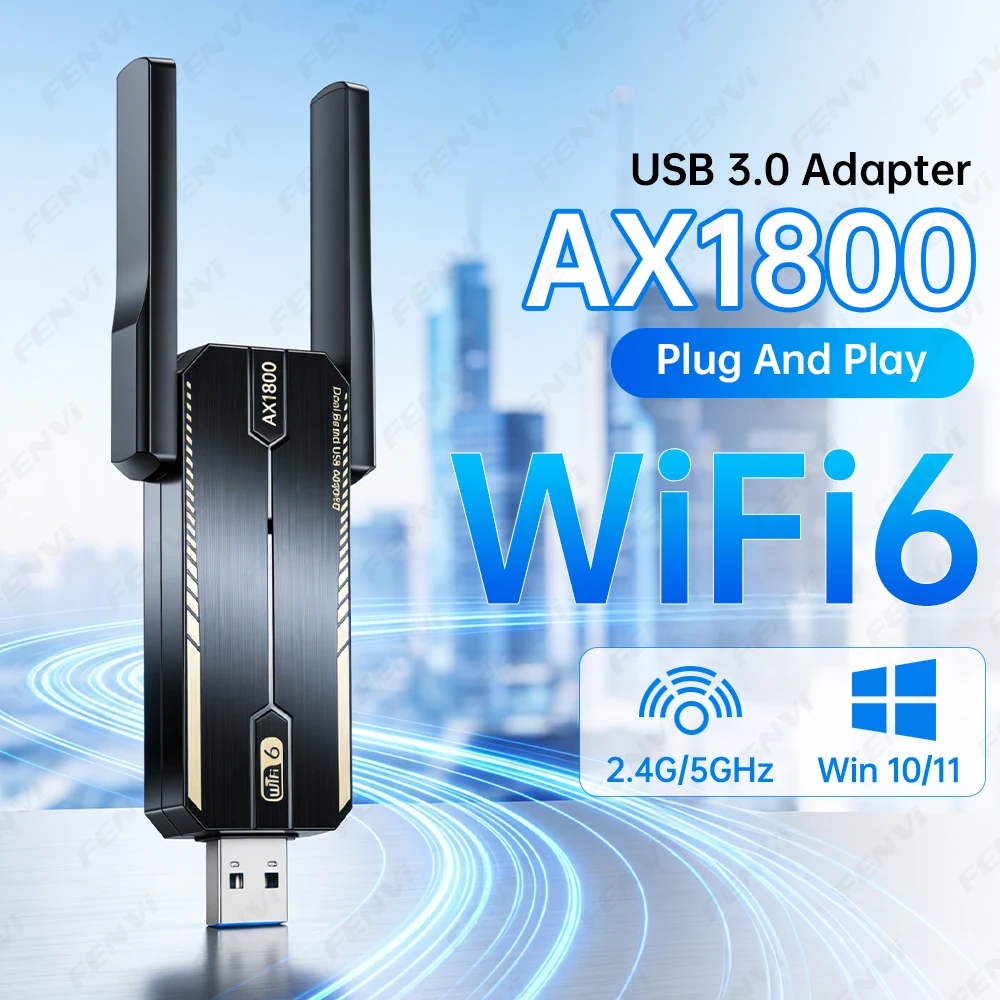 

WiFi 6 AX1800 USB 3.0 Adapter Dual Band 2.4G/5Ghz USB Receiver Dongle Network Card Wireless WiFi Card For Laptop PC Windows10/11
