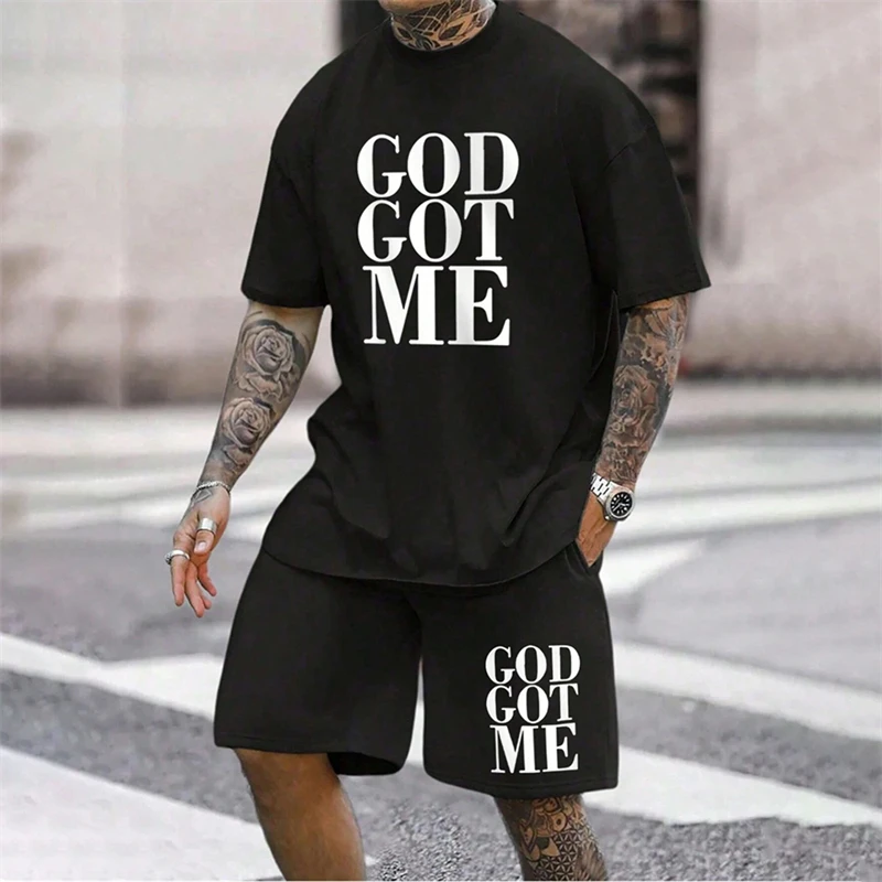 Stylish Men's Short Sleeve and Shorts 2 Piece Monogram Print Quick Drying Tracksuit O Neck T-Shirt Street Photo Summer Wear