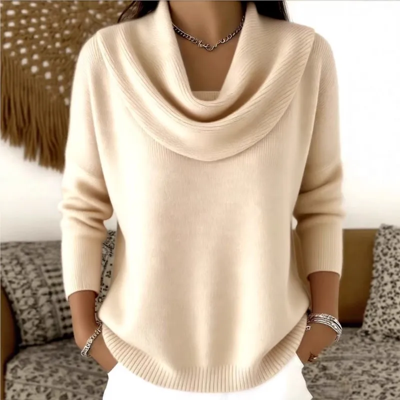 Women's Fashion Knit Draped Neckline Pullover Autumn Winter Casual Elegant Long Sleeve Solid Color Soft Warm Sweaters