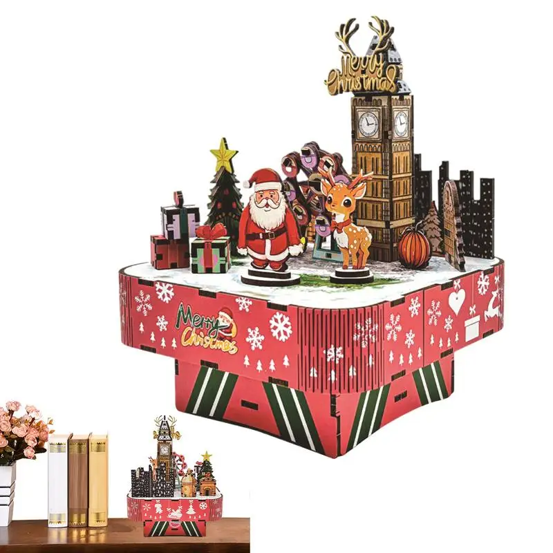 Christmas Puzzle Music Box 3D Wooden Castle Model Assembly Puzzles Building Toy Construction Toys Wooden Ornaments for Home Kids