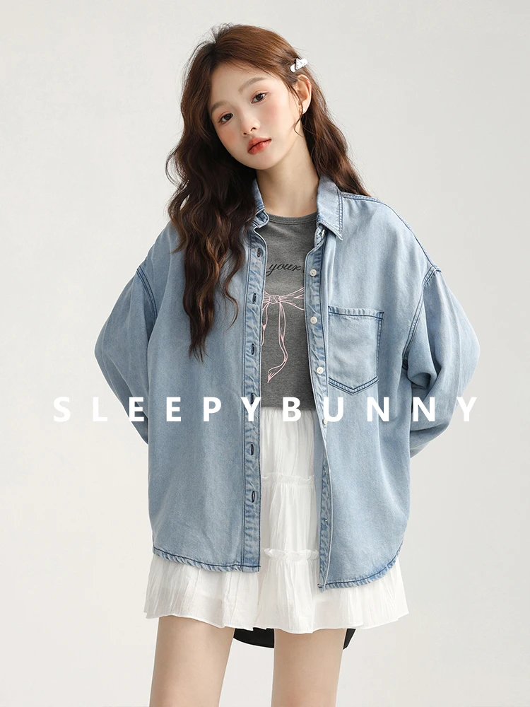 Retro Washed Blue Denim Shirt Oversized Long Sleeve Jacket Top Classic Letter Print Short Sleeve T Shirt Casual Two Piece Outfit