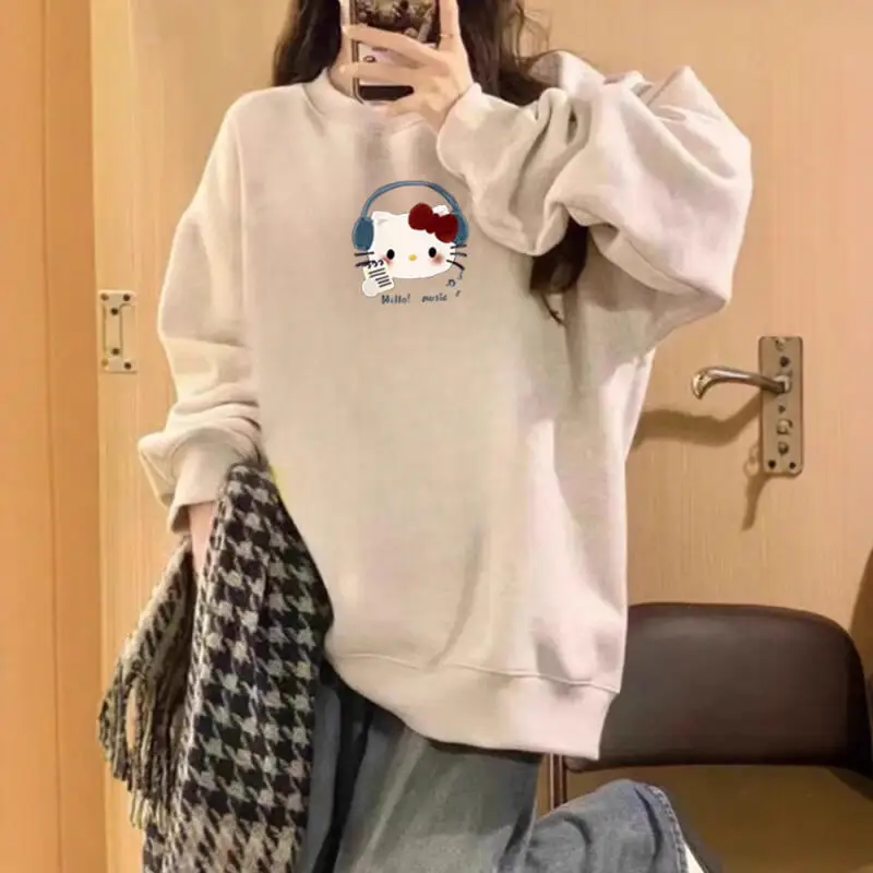 Miniso جديد لطيف الكرتون مرحبا كيتي طباعة سترات قطنية عالية الجودة للنساء الخريف الشتاء طويلة الأكمام البلوز عادية للجنسين Y2K القمم #4