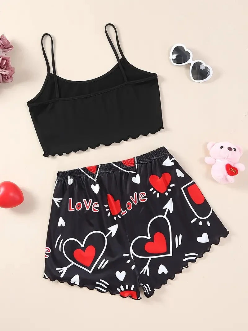 Women\'s Valentine\'s Day Pajama Set with Heart  Slogan Print Lettuce Trim Crop Cami Top  Elastic Shorts Comfortable Sleepwear