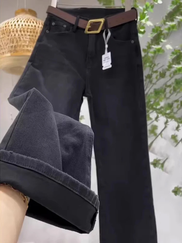

Slim Straight Leg Black Denim Jeans Women's Casual High Waist Wide Leg Pants Loose Fit Flattering Spring New plus Size