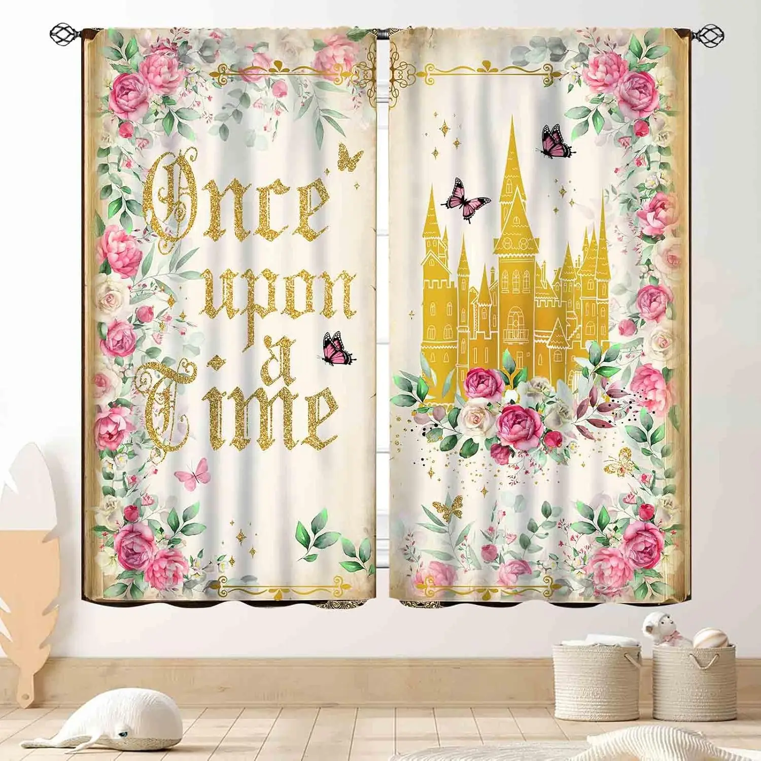 Princess Curtains for Girls Bedroom, Once Upon a Time Magic Gold Castle Romantic Pink Watercoror Floral Fairy Dreaming Window