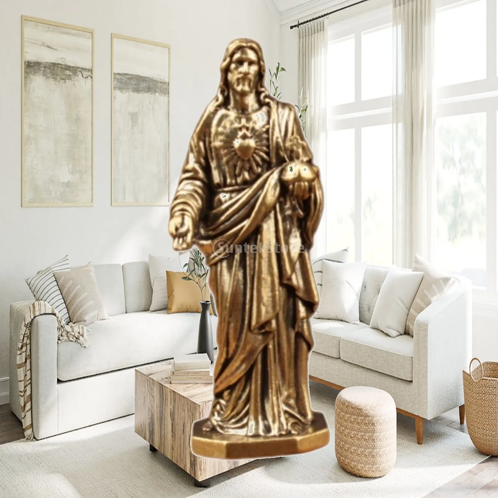 Small Brass Religious Statue Ornament Catholic Indoor Collectible Travel Miniature Figurine for Living Room Baptism Office