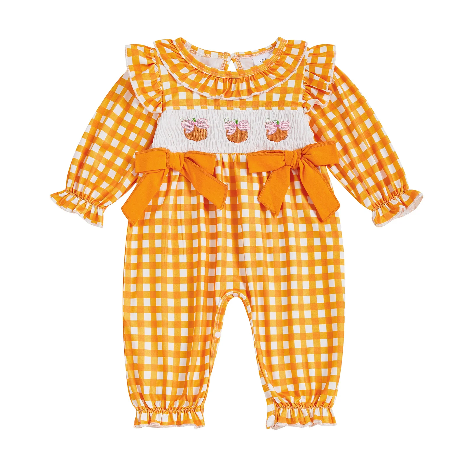 New Plaid Long Sleeve Baby Rompers Bowknot Shirred Smocked Halloween Jumpsuit for Infants Ready to Ship