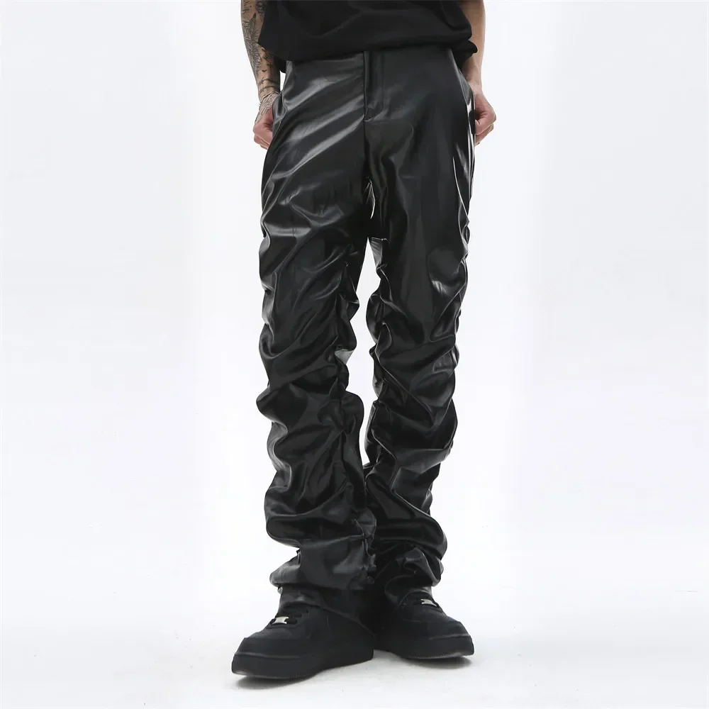 European and American Fashion Men's Retro Dark Punk Shiny Wrinkled PU Leather Pants, Hip-hop Loose Casual Trousers.