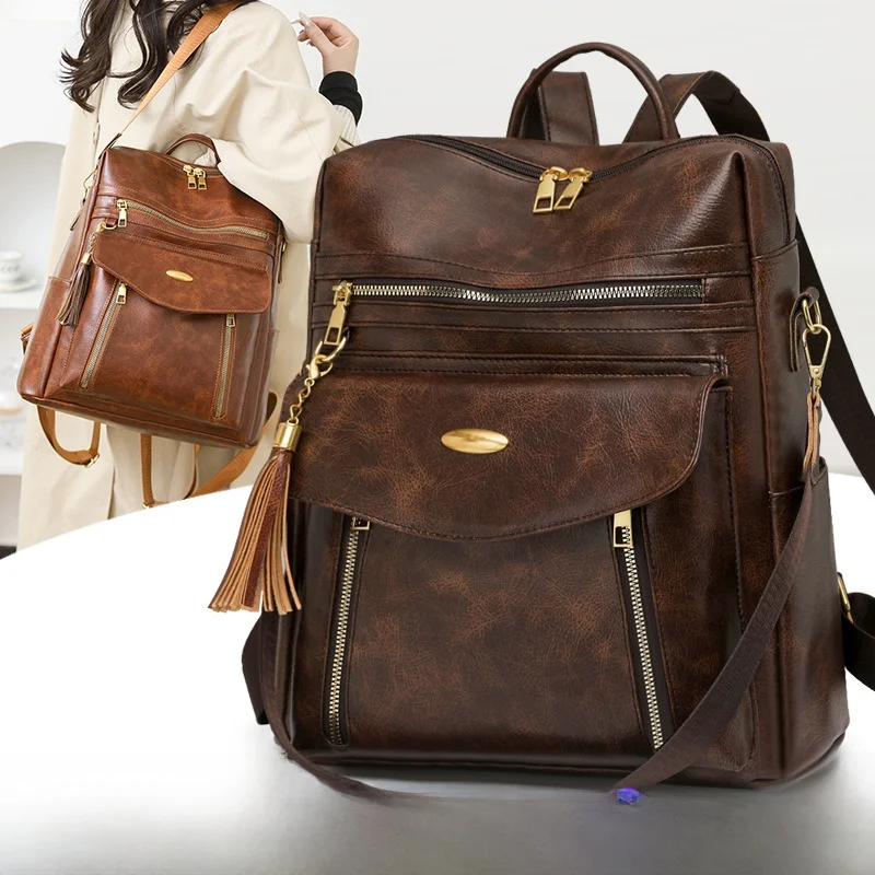 Mochila Ligera de Gran Capacidad, Estilo Retro Minimalista para Mujer, Bolso Moderno que Combina con Todo, Material PU, Impermeable, para Uso Diario