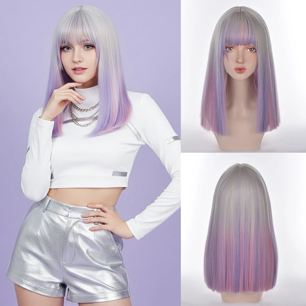 

Синтетический длинный прямой градиентный розовый фиолетовый парик с челкой для женщин, косплей, Лолита, вечеринка на Хэллоуин, розовые накладные волосы