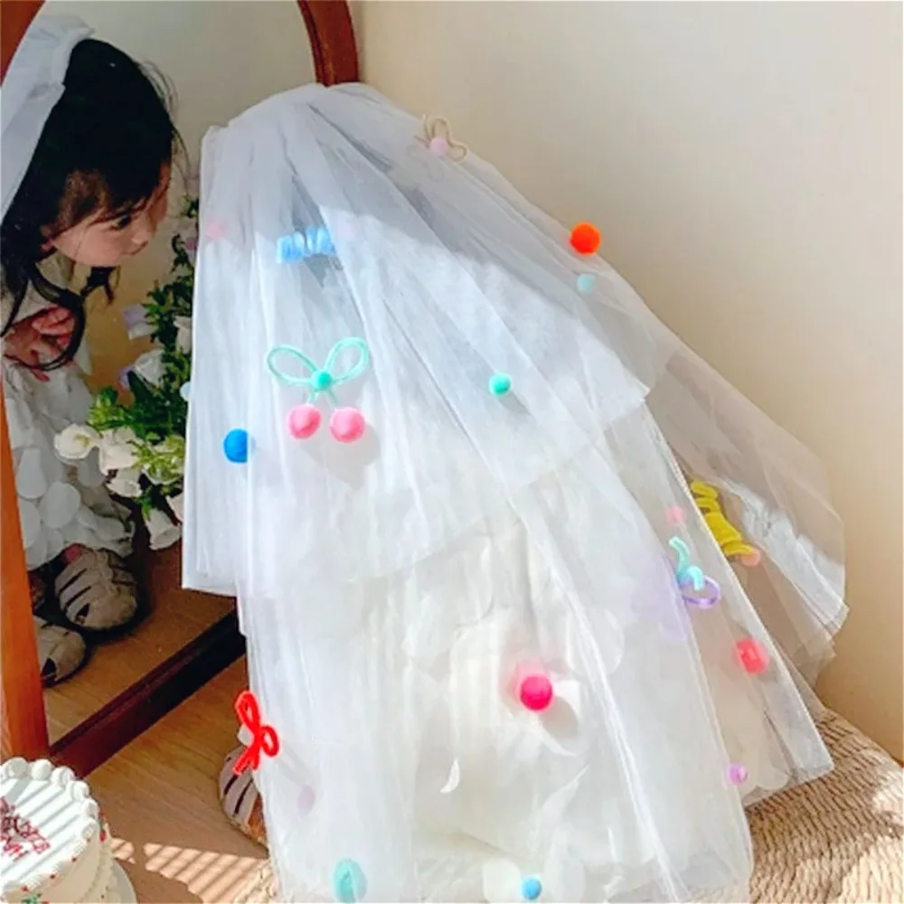 

Kids Dopamine Puffy Tulle Veil Pipe Cleaner Bow Pom-Pom Colorful Hair Accessory for Floral Girls' Veil Wedding Accessories