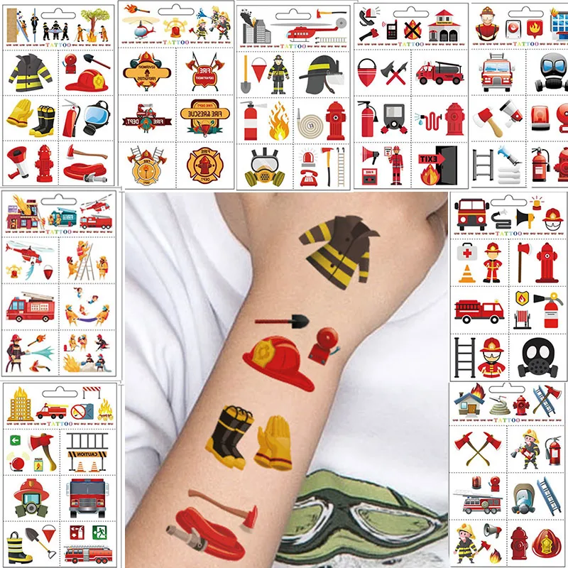 6 Sheets/set Fire Birthday Decorations Temporary Tattoo Stickers Fireman Sammy Firetruck Decor Fire Theme Party Supplies