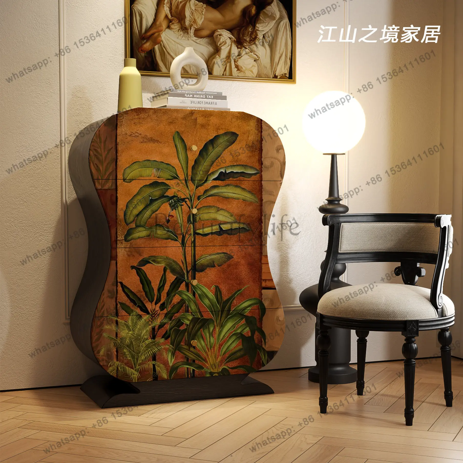 French solid wood four-bucket entrance cabinet, living room against the wall, bedroom, flower sofa side cabinet