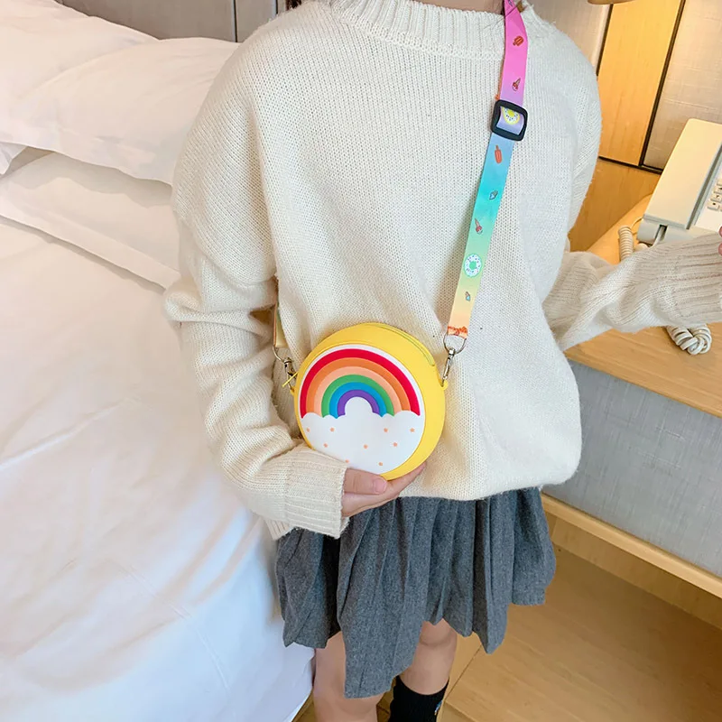 Hot Travel Rainbow Printed Pocket Package Round Donut Crossbody Bag Child Girl Children Shoulder Bag Adjustable Strap Vacation