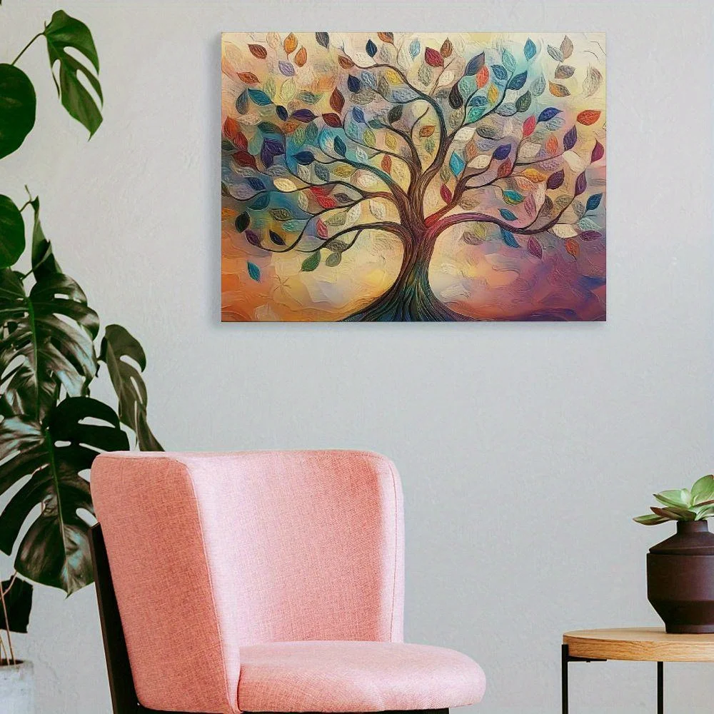 1PC Fir Framed Tree of Life Canvas Painting - Abstract World Tree Painting Wall Art Suitable for Living Room Bedroom Decoration