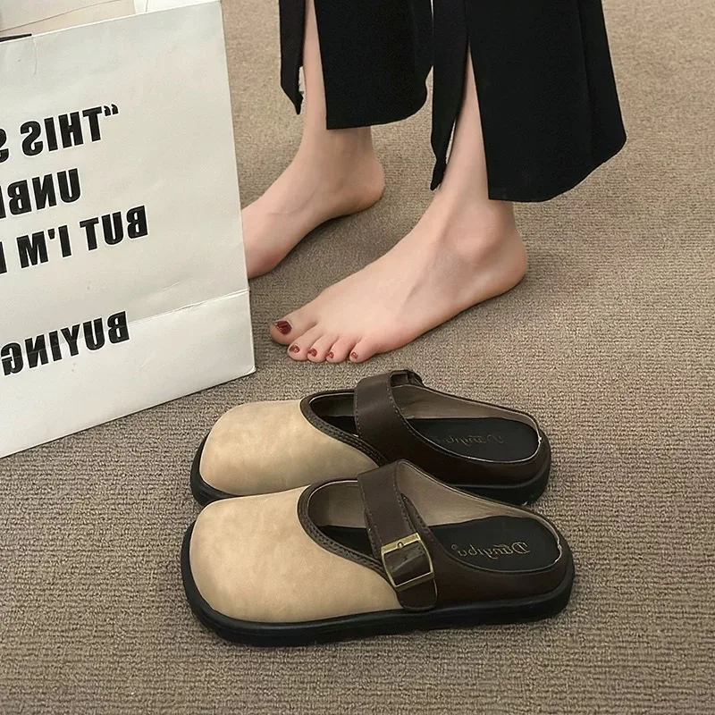 

French toe-cap half slippers for women summer 2025,New arrival square toe retro one-line buckle sandals woman